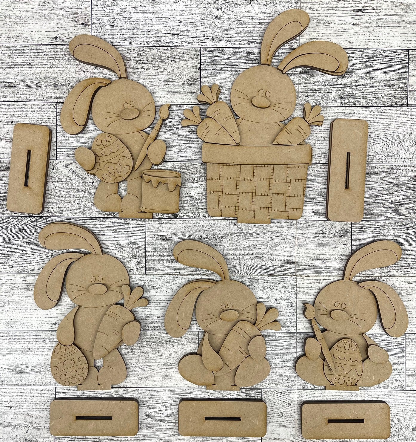 Easter Floppy Bunny Standers - set of 5 unpainted wood cutouts, ready for you to paint