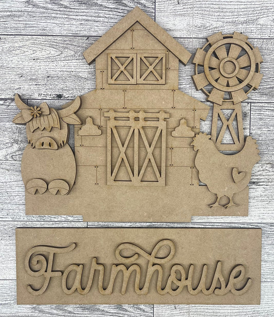 Farmhouse Highland Cow & Barn - Insert for Changeable Window Box unpainted wood cutouts, ready for you to paint
