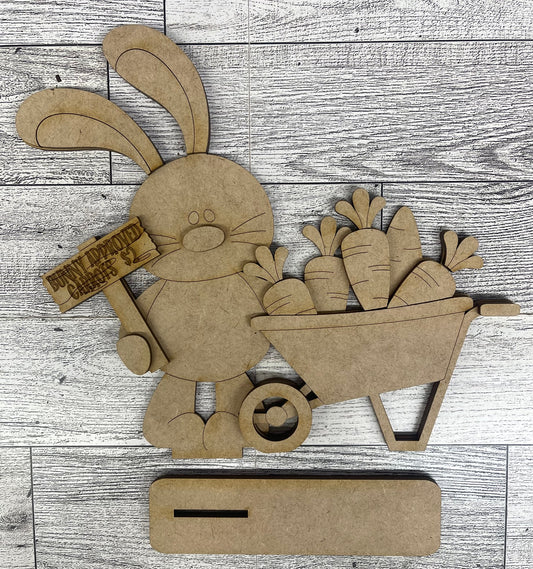 Floppy Easter Bunny with Wheel Barrow of Carrots Stander 2026 - Wood Cutouts unpainted ready for you to paint