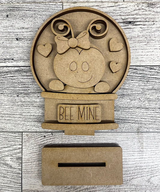 Mini Valentines Bee Globe Insert - unpainted wood cutouts, ready for you to paint