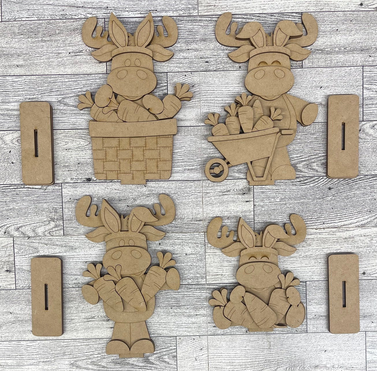 Easter Moose Standers 2026 - unpainted wood cutouts, ready for you to paint
