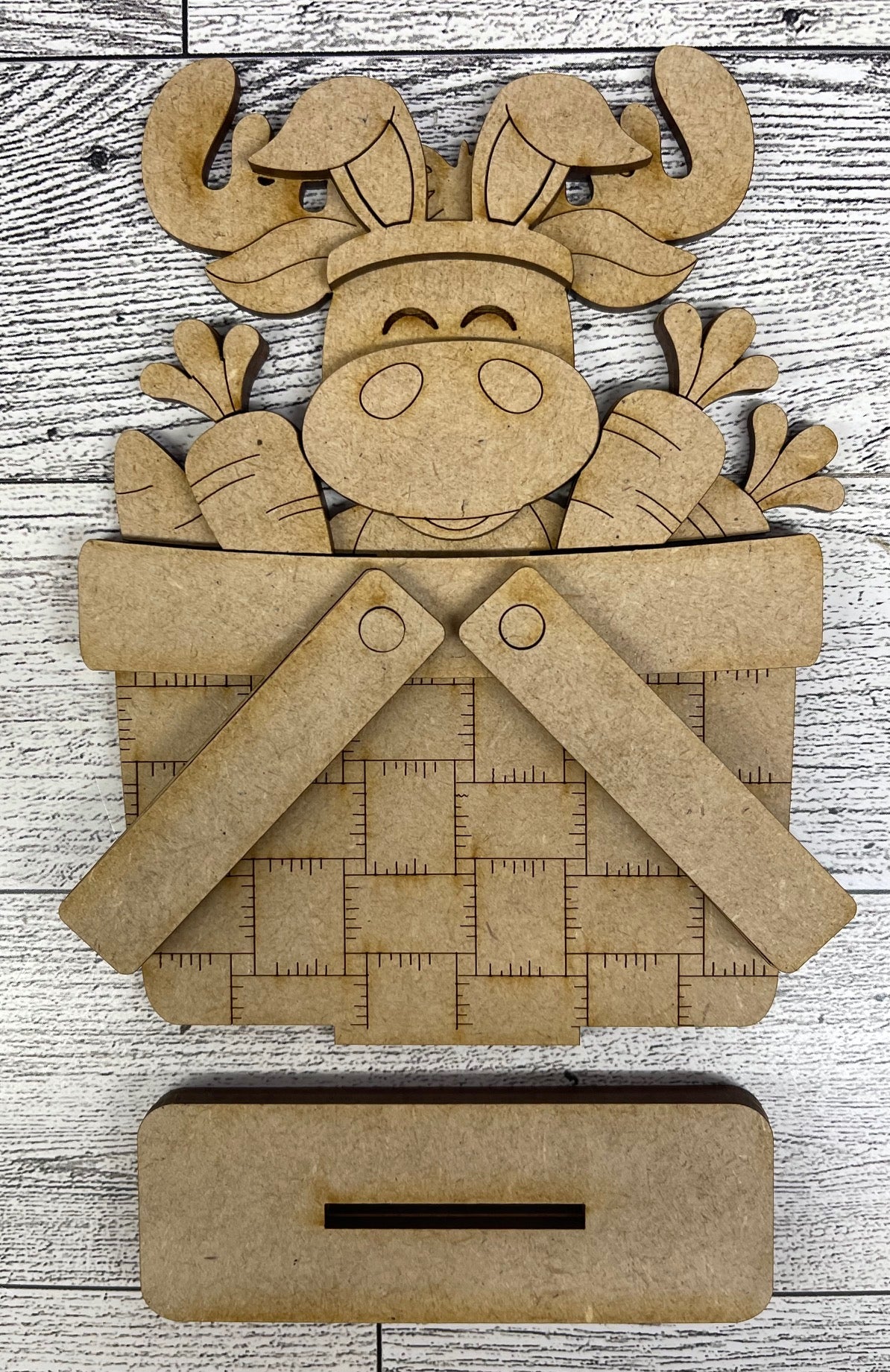 Mini Easter Moose with Carrots basket insert unpainted wood cutouts, ready for you to paint
