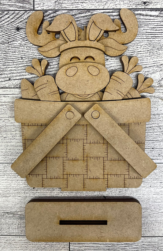 Mini Easter Moose with Carrots basket insert unpainted wood cutouts, ready for you to paint