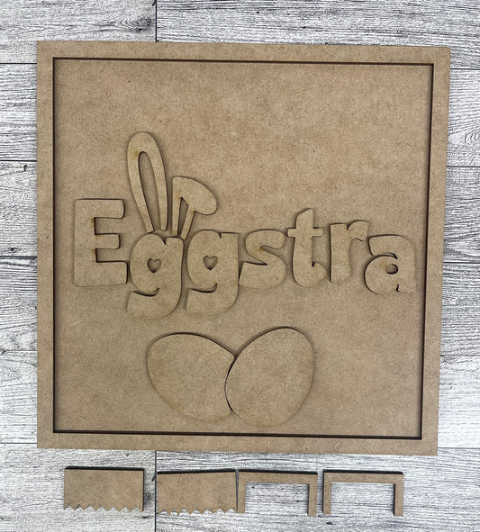 I'm A little Eggstra cutouts and sign with sawtooth hangers - unpainted wooden cutouts, ready for you to paint