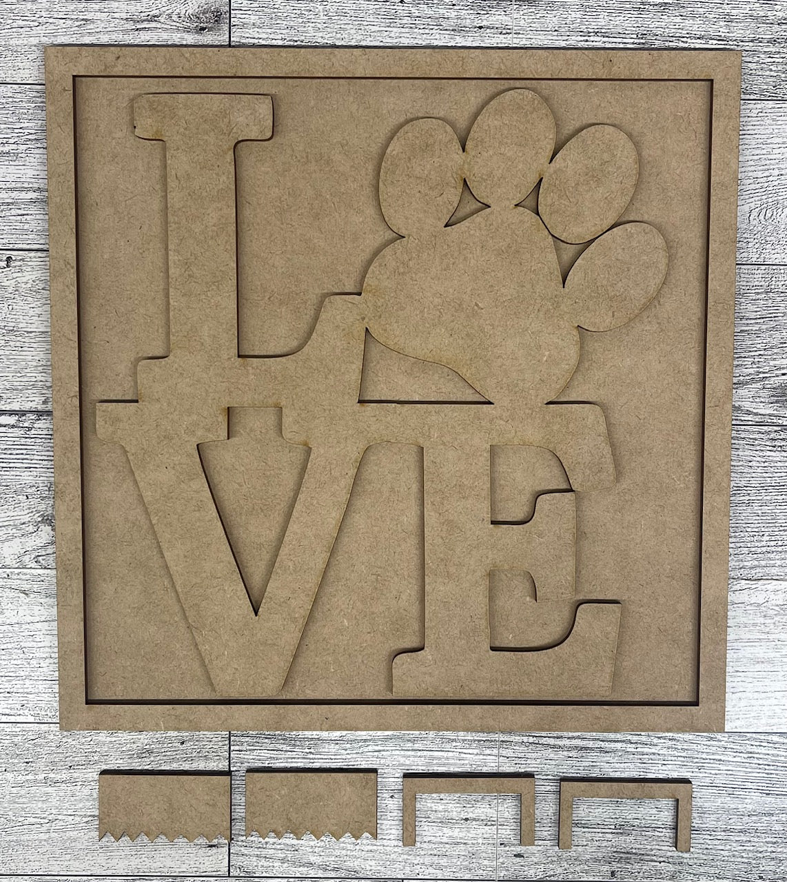 LOVE Pawprint cutouts and sign with sawtooth hangers - unpainted wooden cutouts, ready for you to paint