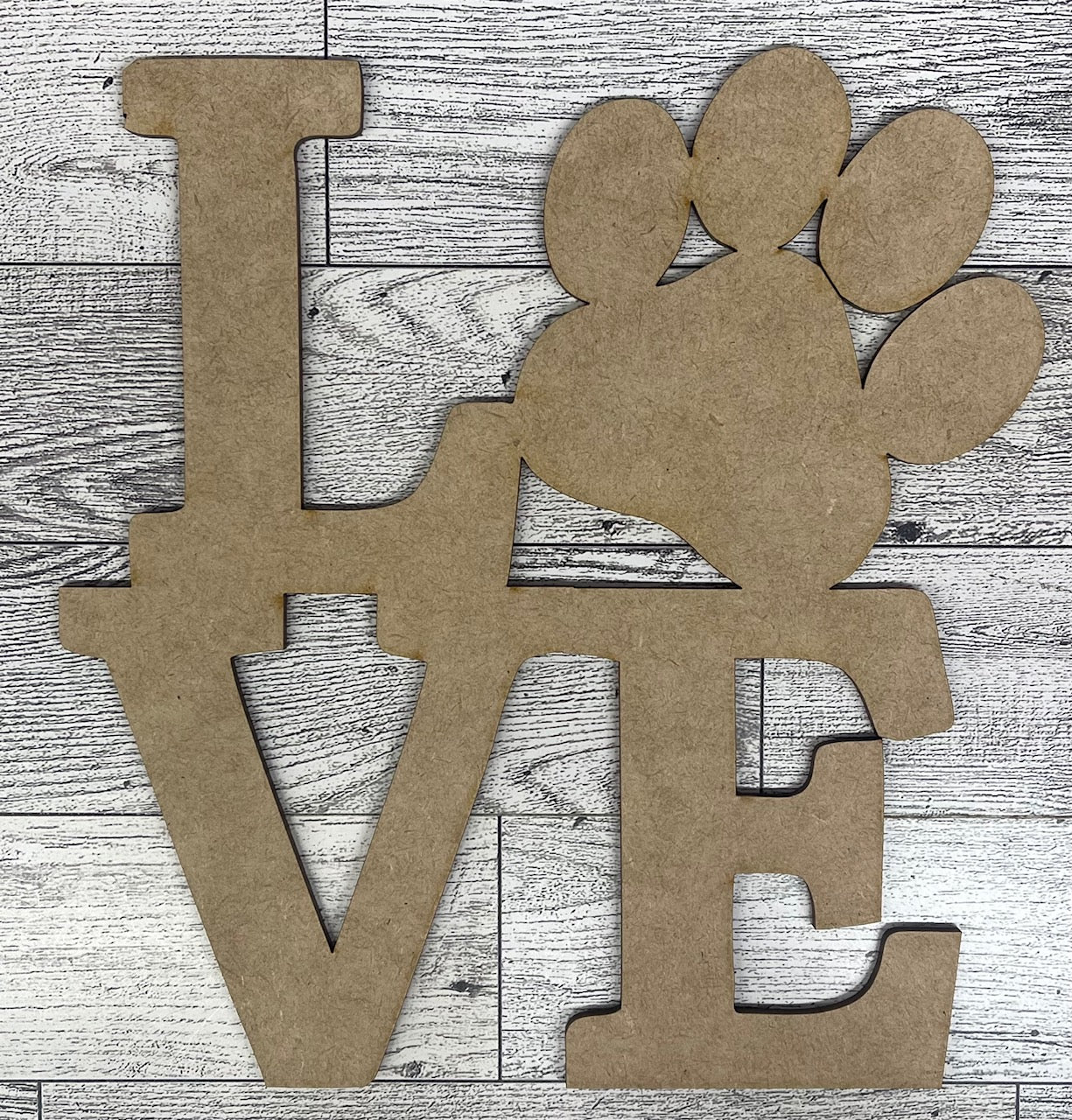 LOVE Pawprint cutouts and sign with sawtooth hangers - unpainted wooden cutouts, ready for you to paint
