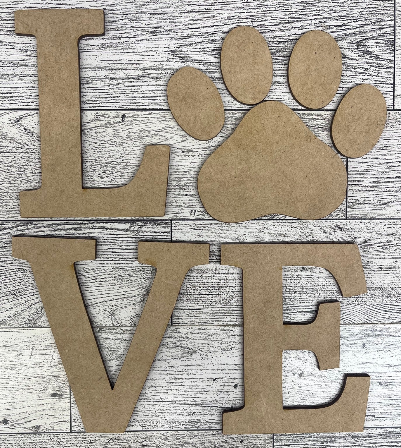 LOVE Pawprint cutouts and sign with sawtooth hangers - unpainted wooden cutouts, ready for you to paint