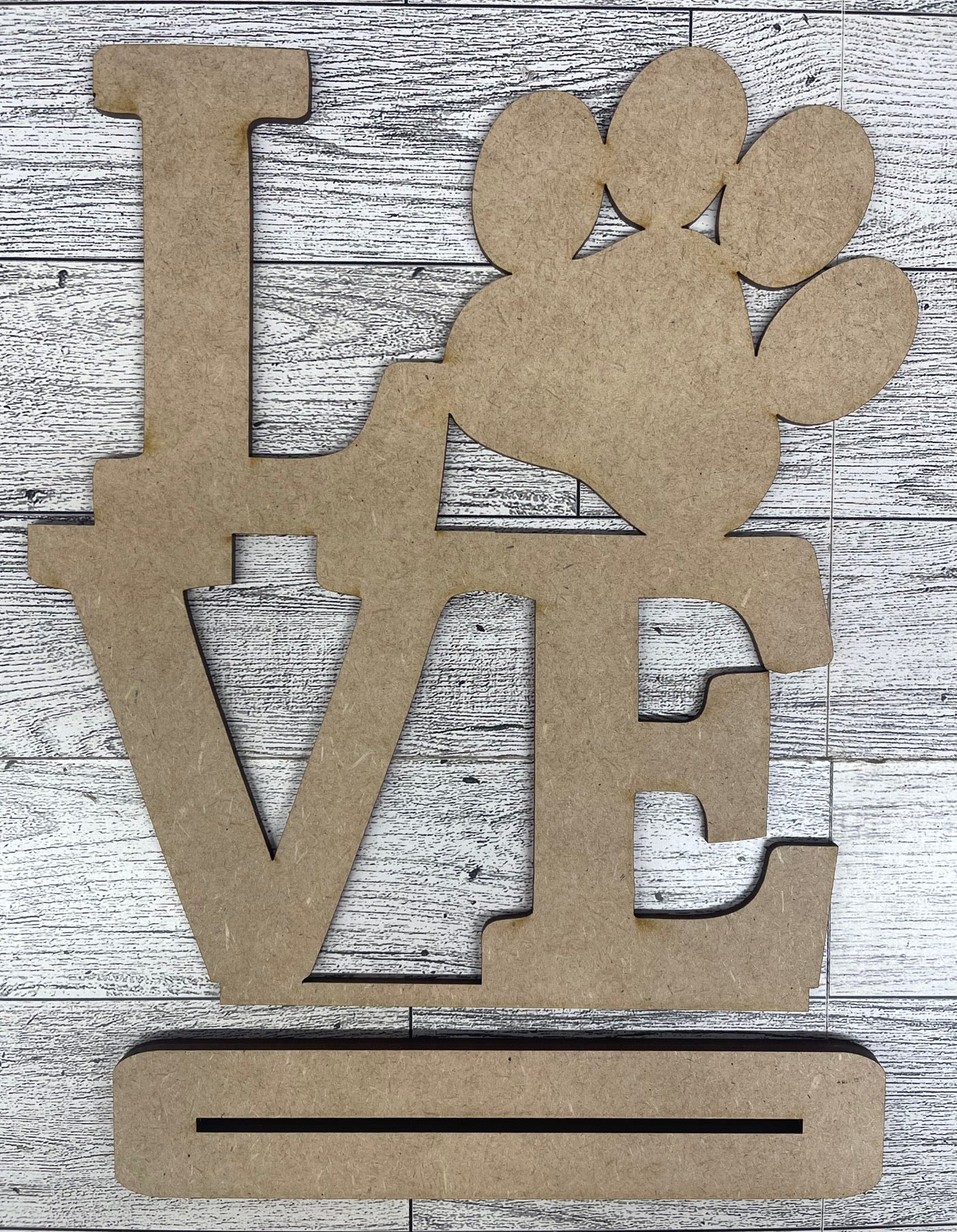 LOVE Pawprint cutouts and sign with sawtooth hangers - unpainted wooden cutouts, ready for you to paint