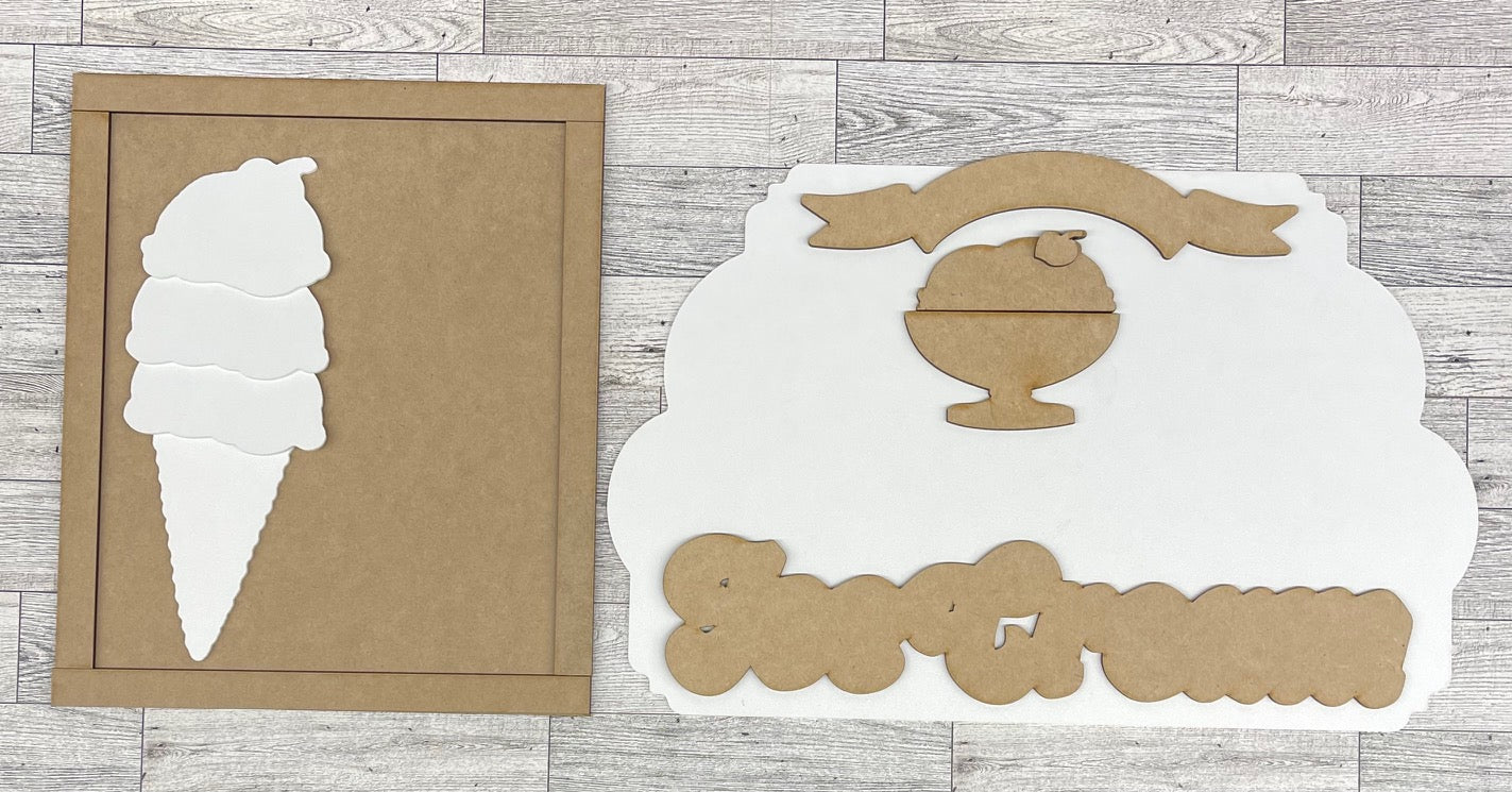 Ice Cream sign cutouts, unpainted wooden cutouts - ready for you to paint
