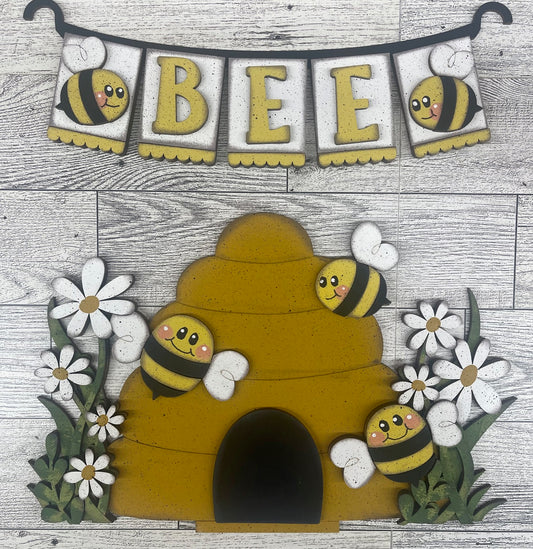 Beehive and Banner - Insert for Changeable Picket Fence unpainted wood cutouts, ready for you to paint, fence not included