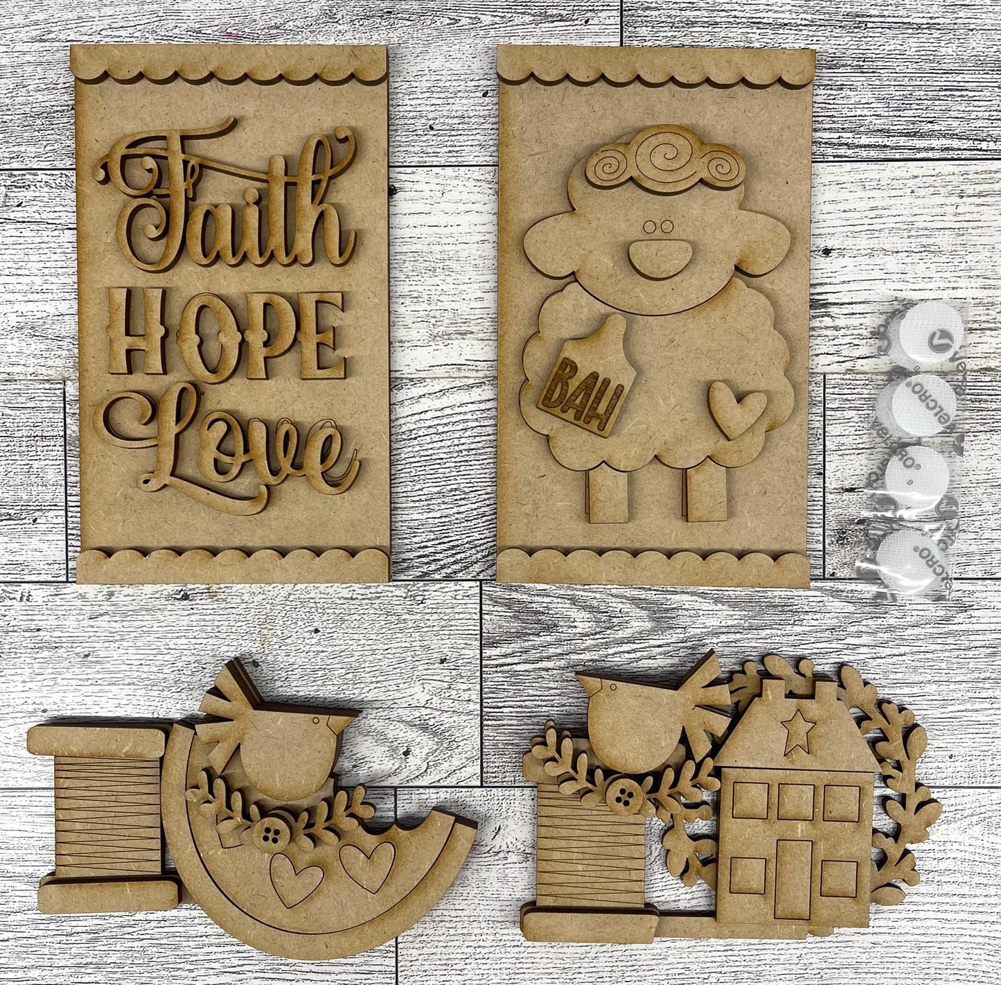 Faith Hope Love Prim Insert for the Cottage Cabinet - unpainted wooden cutouts, ready for you to paint