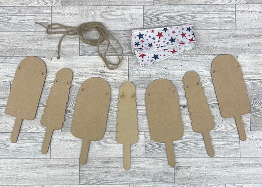 Patriotic Popsicle Garland Cutouts, unpainted wooden cutouts - ready for you to paint