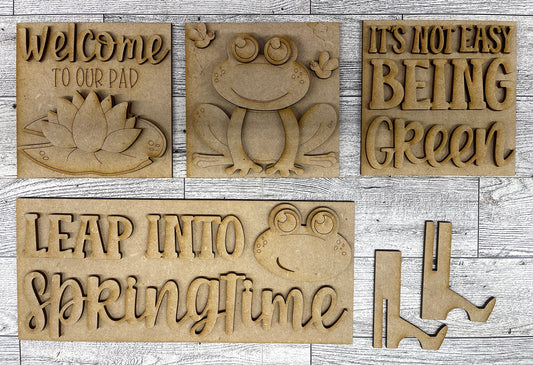 Spring Frog - Leaning Ladder Blocks & Sign Add-On - unpainted wood cutouts, ready for you to paint