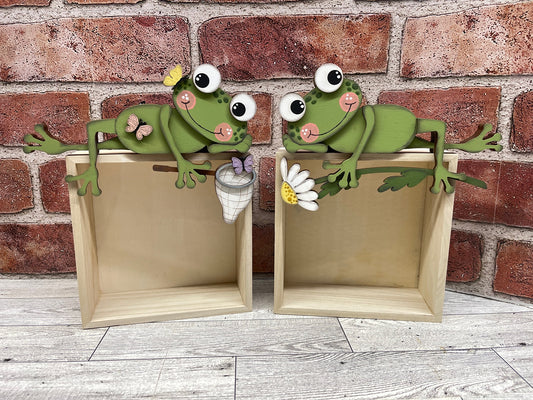 Spring Frog Shelf Sitter set of 2 - hangs over shelf - unpainted wood cutouts, ready for you to paint