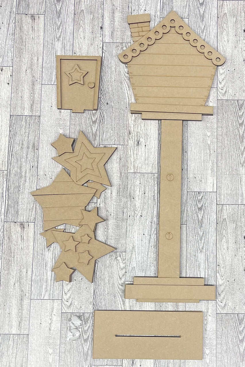 4th of July Stars Birdhouse changeable standing kit only - wood pieces, unpainted wood cutouts, ready for you to paint, sign backer is not included