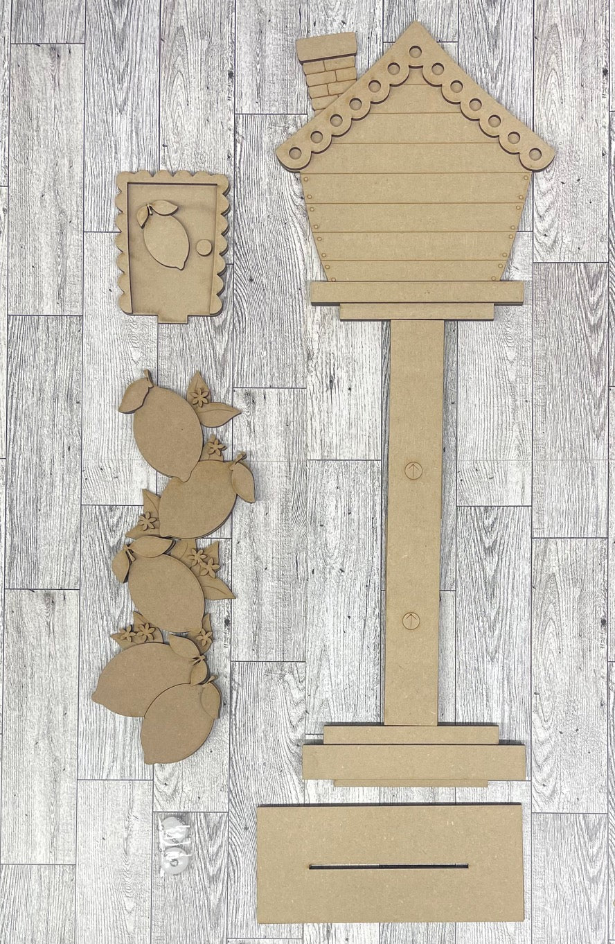 Lemons Birdhouse changeable standing kit only - wood pieces, unpainted wood cutouts, ready for you to paint, sign backer is not included
