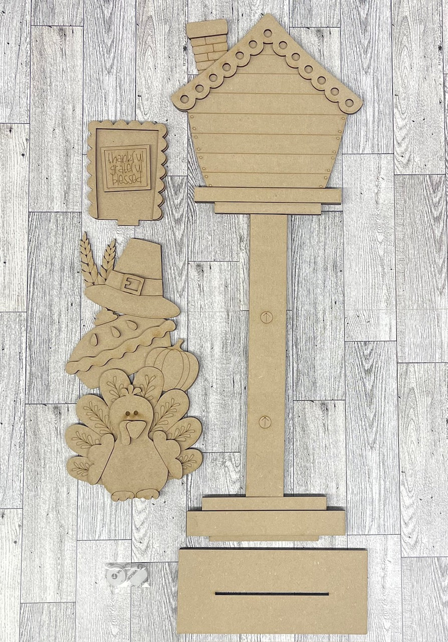 Thanksgiving Birdhouse changeable standing kit only - wood pieces, unpainted wood cutouts, ready for you to paint, sign backer is not included