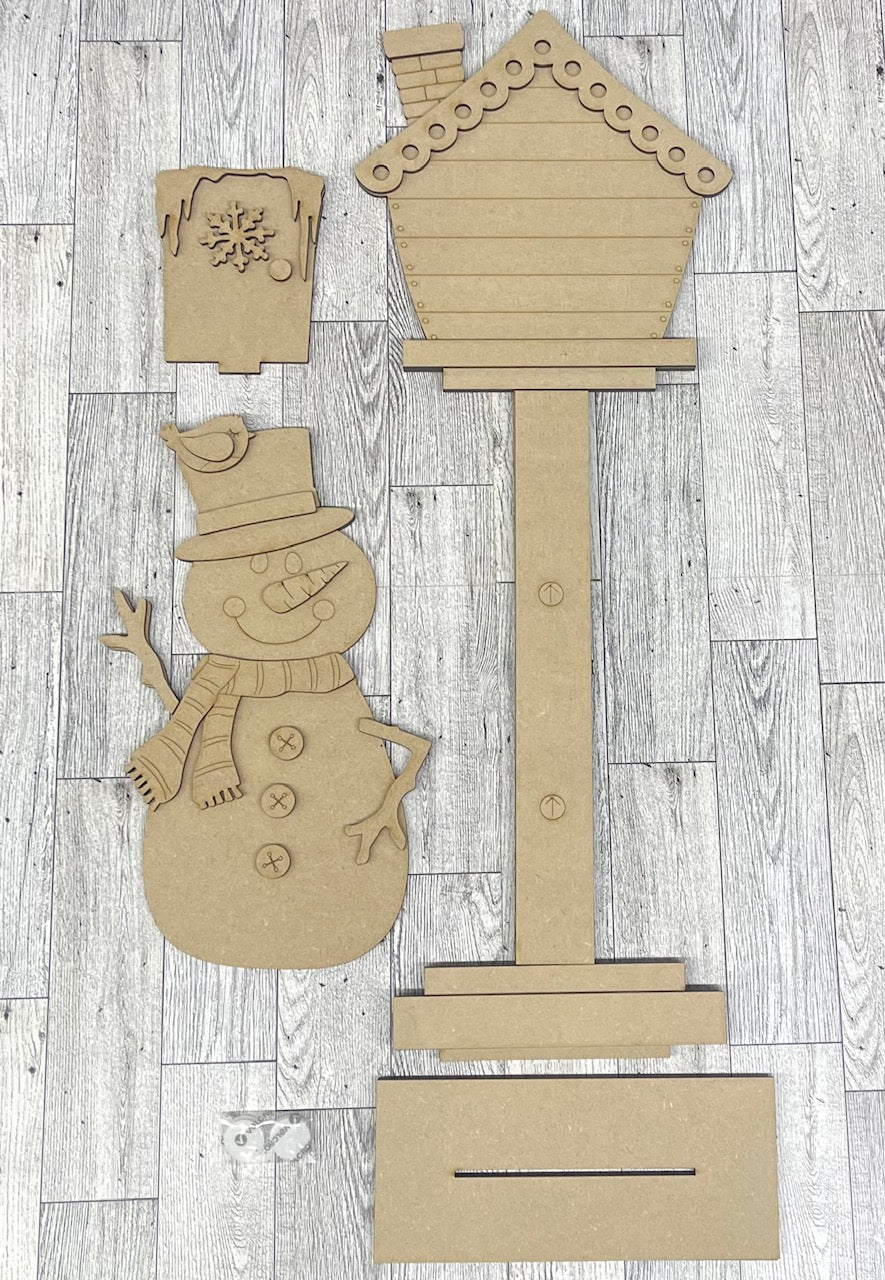 Snowman Birdhouse changeable standing kit only - wood pieces, unpainted wood cutouts, ready for you to paint, sign backer is not included