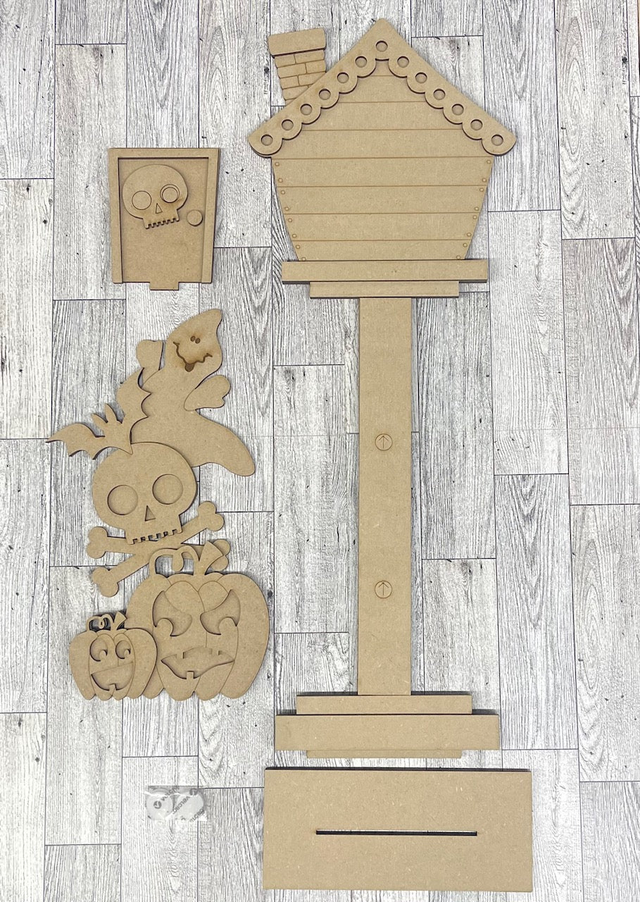 Halloween Birdhouse changeable standing kit only - wood pieces, unpainted wood cutouts, ready for you to paint, sign backer is not included