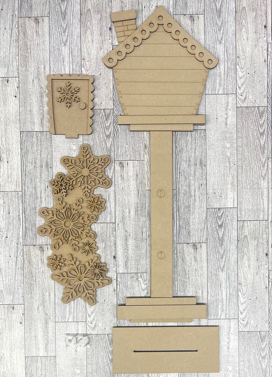 Snowflake Winter Birdhouse changeable standing kit only - wood pieces, unpainted wood cutouts, ready for you to paint, sign backer is not included