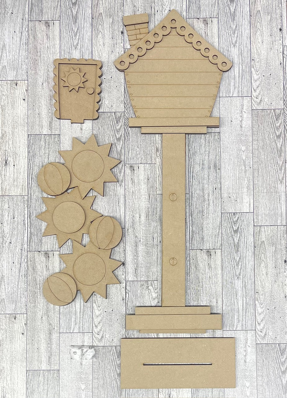 Summer Birdhouse changeable standing kit only - wood pieces, unpainted wood cutouts, ready for you to paint, sign backer is not included