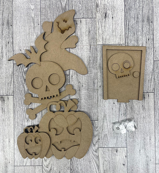 Halloween Birdhouse changeable standing kit only - wood pieces, unpainted wood cutouts, ready for you to paint, sign backer is not included