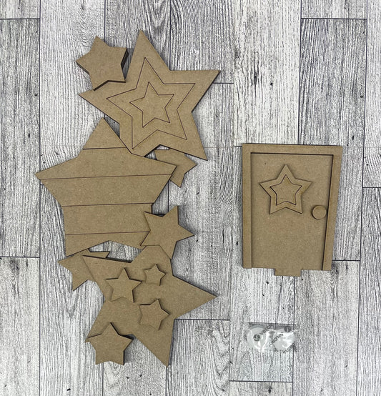 4th of July Stars Birdhouse changeable standing kit only - wood pieces, unpainted wood cutouts, ready for you to paint, sign backer is not included