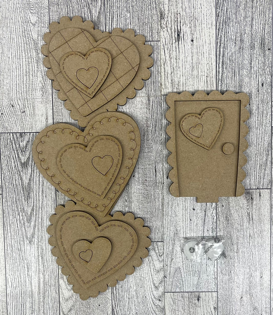 Valentines Day Birdhouse changeable standing kit only - wood pieces, unpainted wood cutouts, ready for you to paint, sign backer is not included