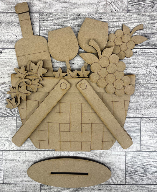 Wine Insert only or with basket - unpainted wooden cutouts, ready for you to paint