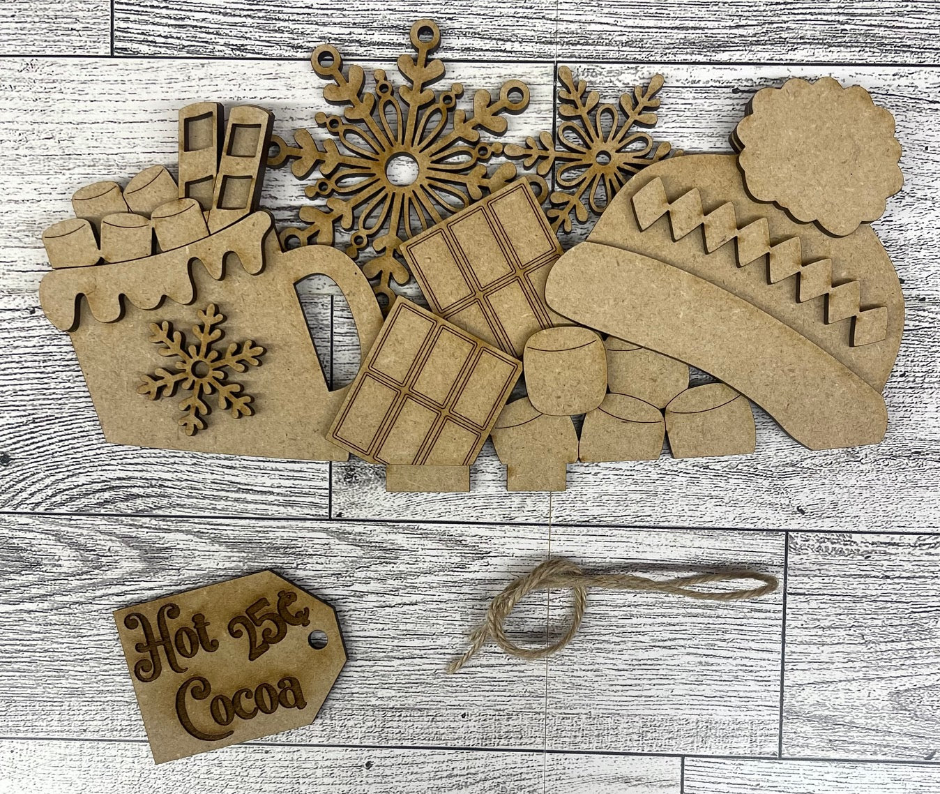 Winter Hot Cocoa Insert only or with basket - unpainted wooden cutouts, ready for you to paint