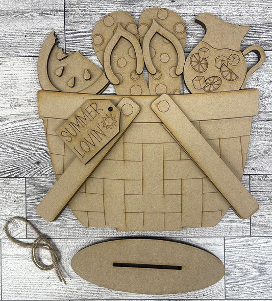 Summer Insert only or with basket - unpainted wooden cutouts, ready for you to paint