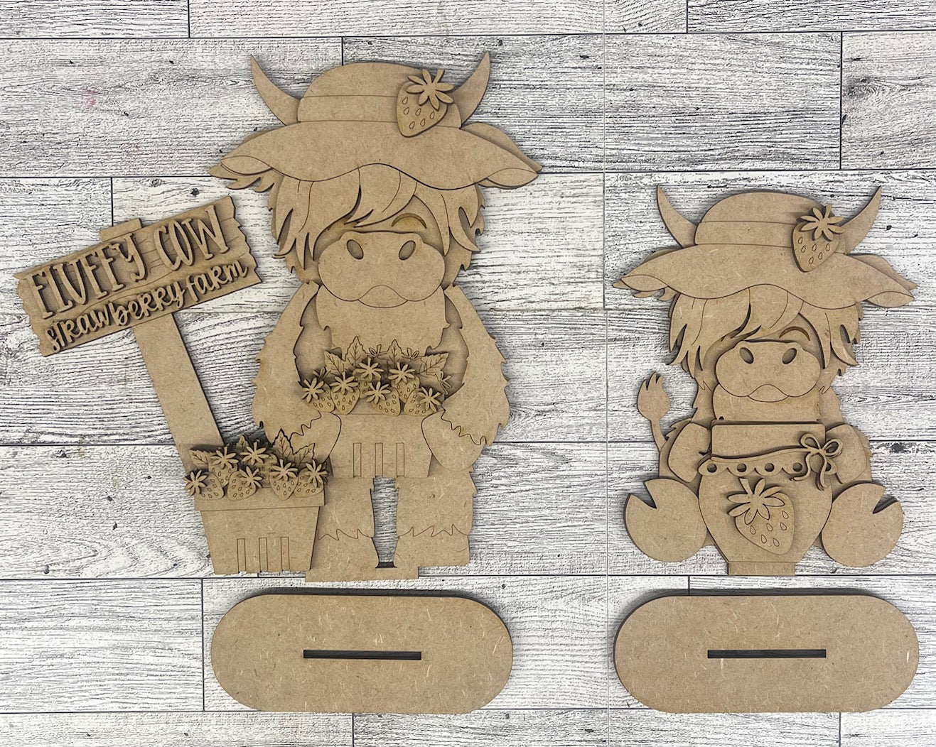 Strawberry Highland Cow Standers set of 2 - unpainted wooden cutouts, ready for you to paint
