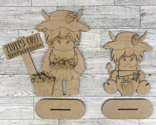 Strawberry Highland Cow Standers set of 2 - unpainted wooden cutouts, ready for you to paint