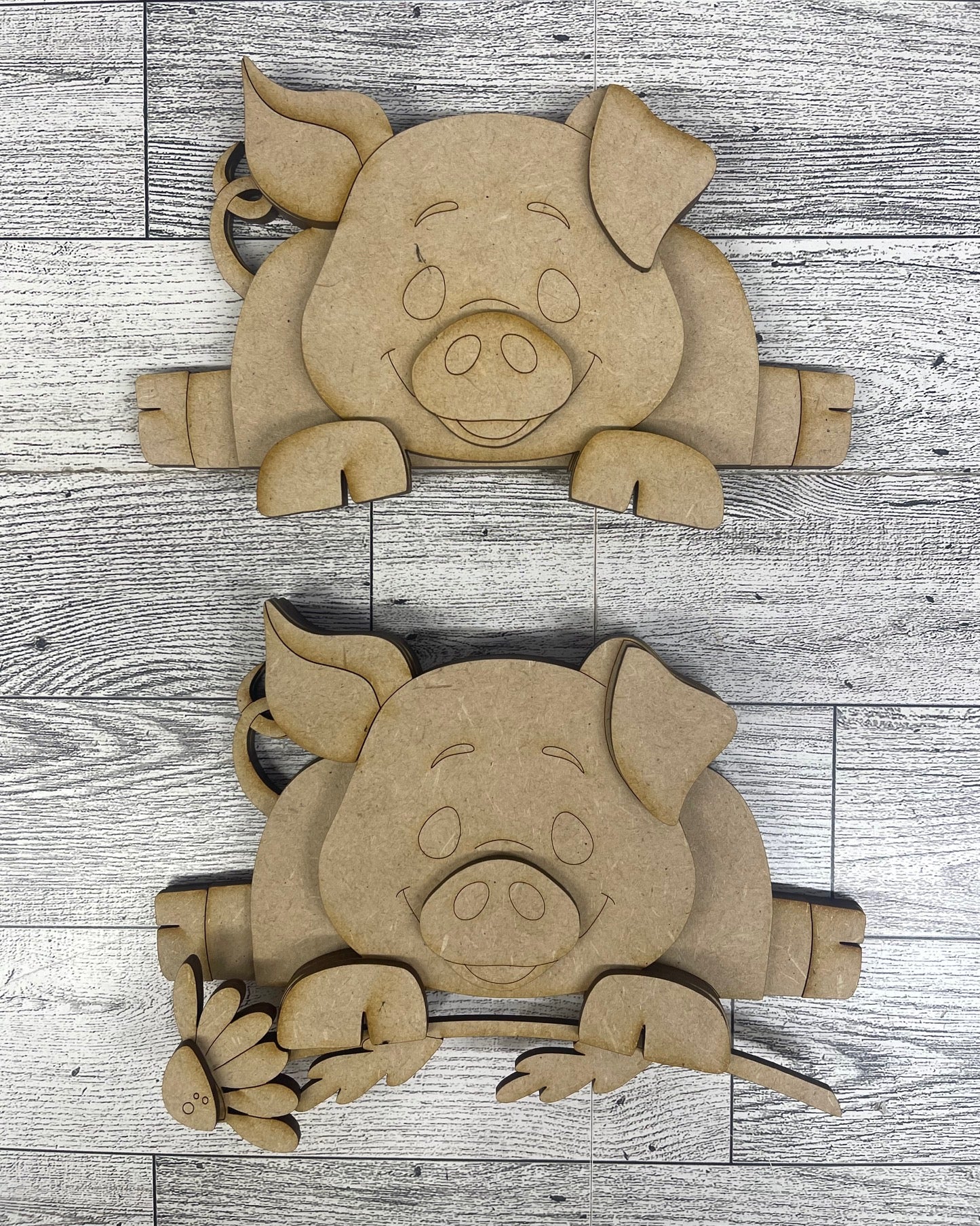 Pig Shelf Sitters hanging over shelf - set of 2 - unpainted wooden cutouts, ready for you to paint
