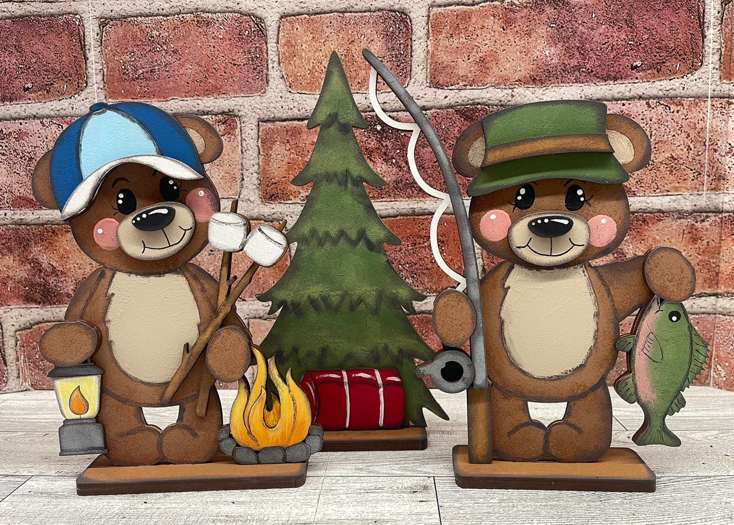 Camping & Fishing Bear Standers set of 2 - unpainted wooden cutouts, ready for you to paint