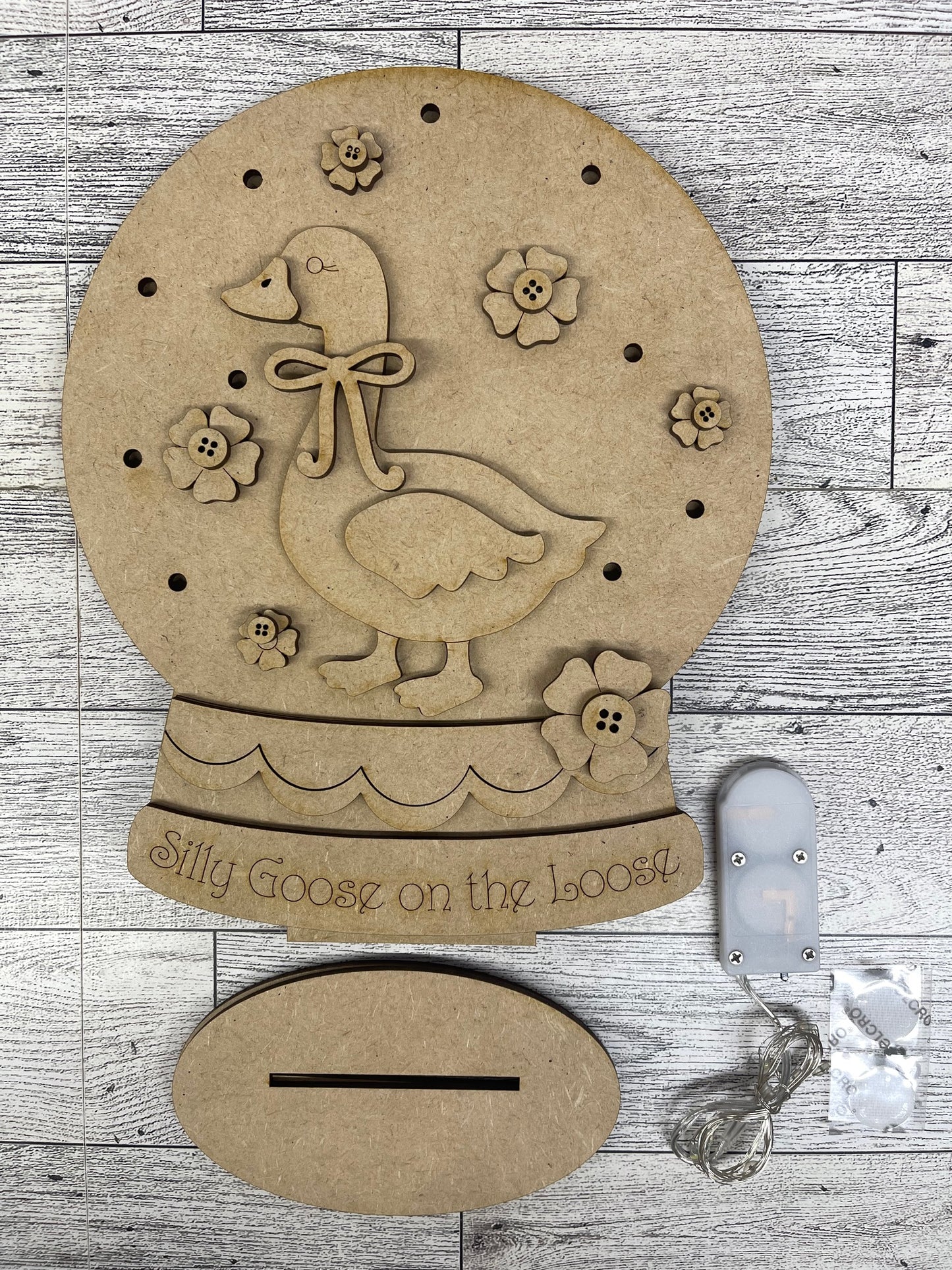 Large Silly Goose on the Loose lighted Globe Stander unpainted wood cutouts, ready for you to paint