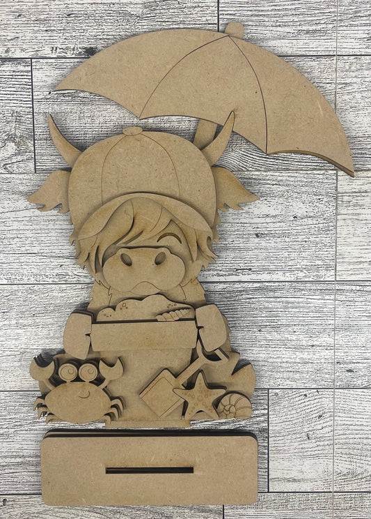 $5.00 Friday - Summer Beach Highland Cow Sitter - unpainted cutouts ready for you to finish