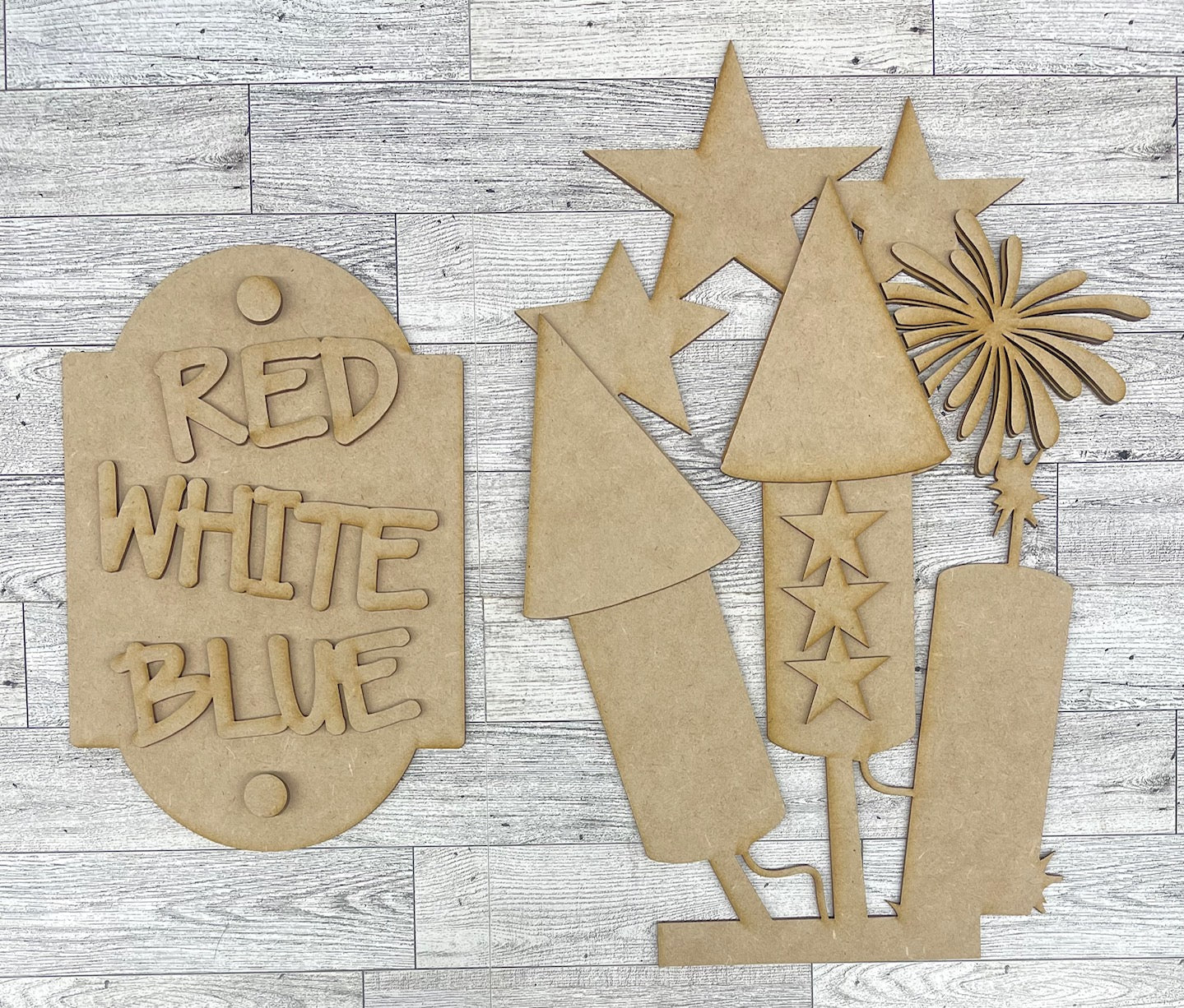 Patriotic 4th of July Bucket Porch Leaner insert only - Unpainted wood cutouts ready for you to finish