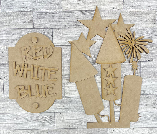 Patriotic 4th of July Bucket Porch Leaner insert only - Unpainted wood cutouts ready for you to finish