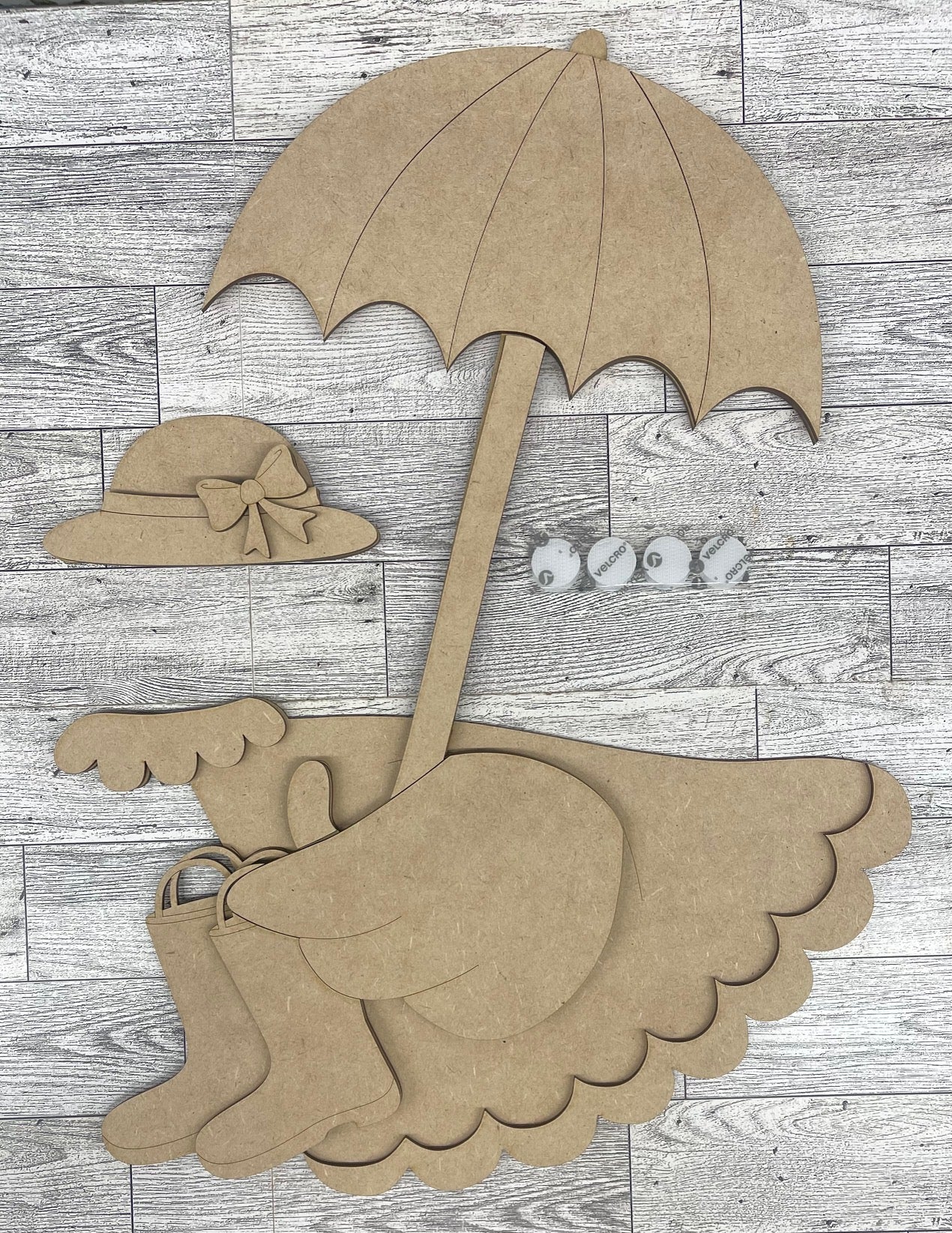 Spring Umbrella & Rain Boots Outfit Only for Large 22 inch Front Porch Goose Stander - Unpainted wood cutouts ready for you to finish