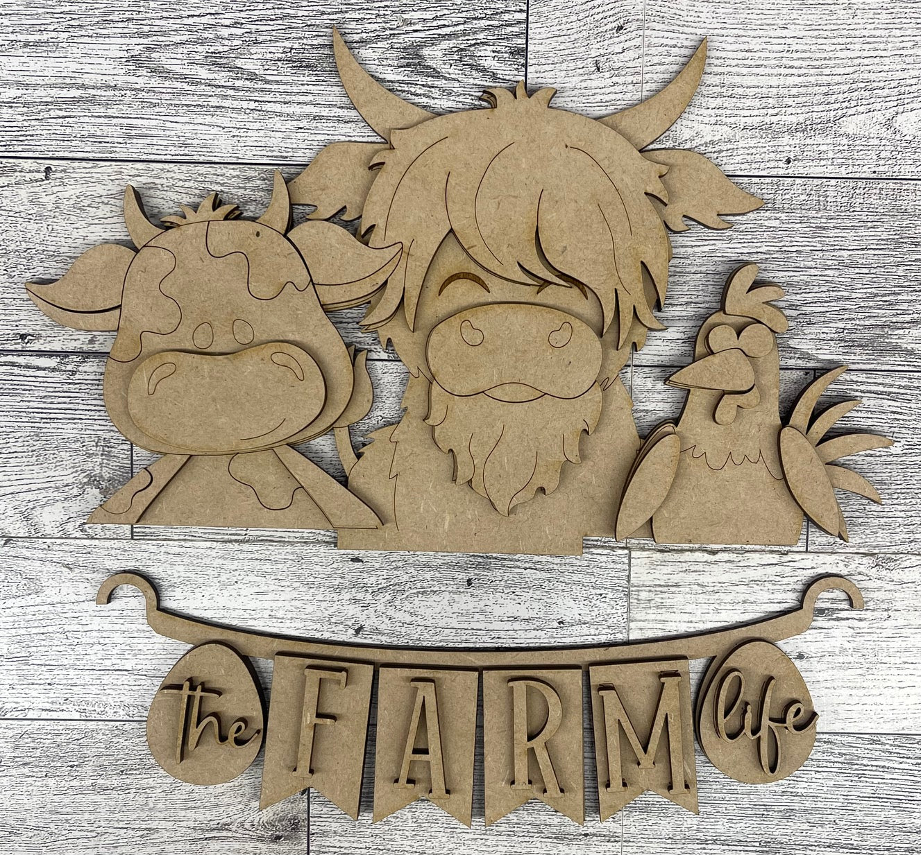 The Farm Life - Highland Cow, Dairy Cow & Chicken Insert for Picket Fence unpainted wood cutouts, ready for you to paint