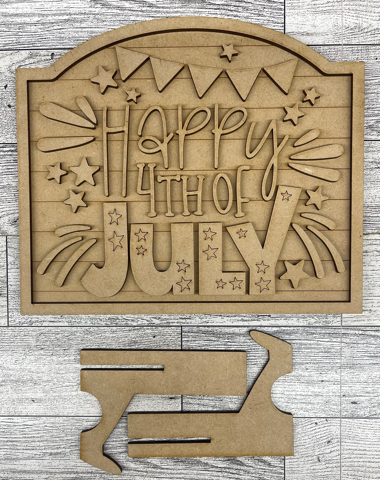 Patriotic Happy 4th of July Sign and Sign Holder - unpainted cutouts, ready to paint