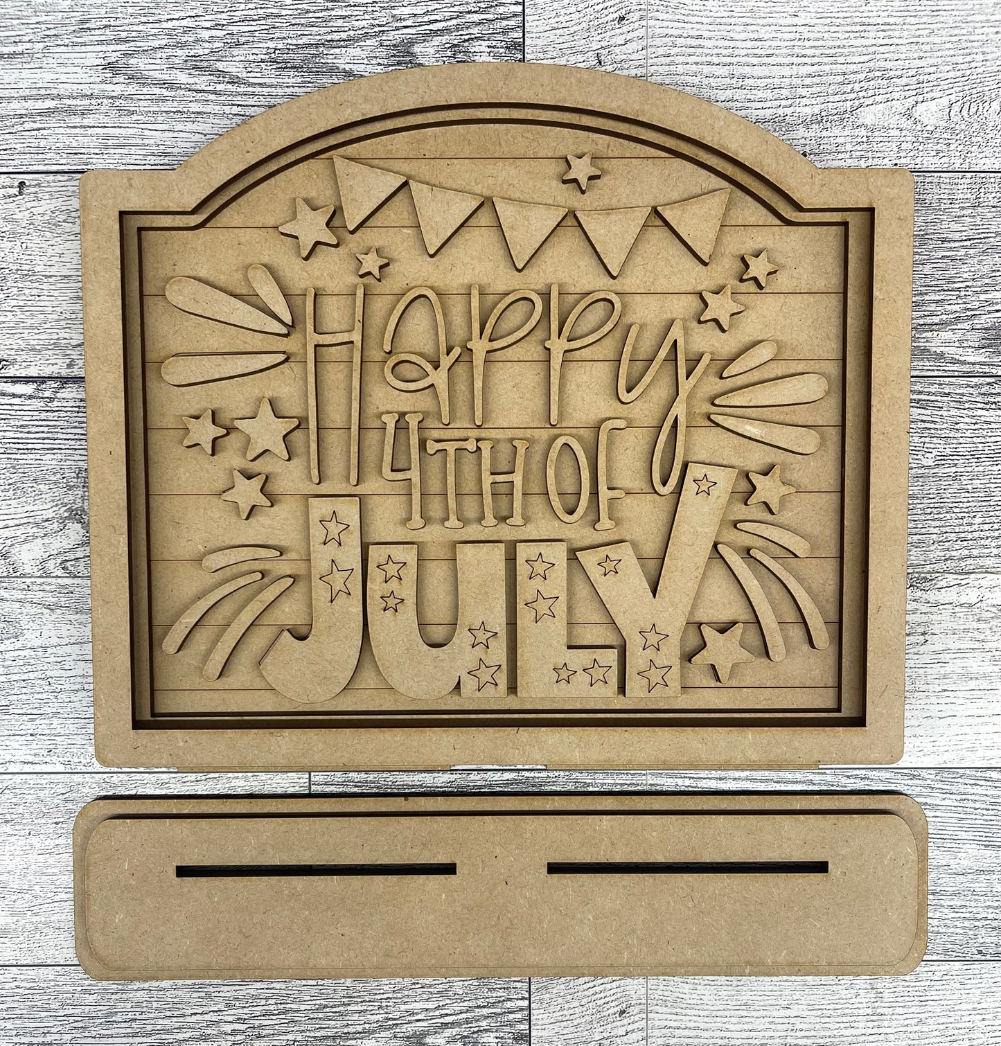 Patriotic Happy 4th of July Sign and Sign Holder - unpainted cutouts, ready to paint