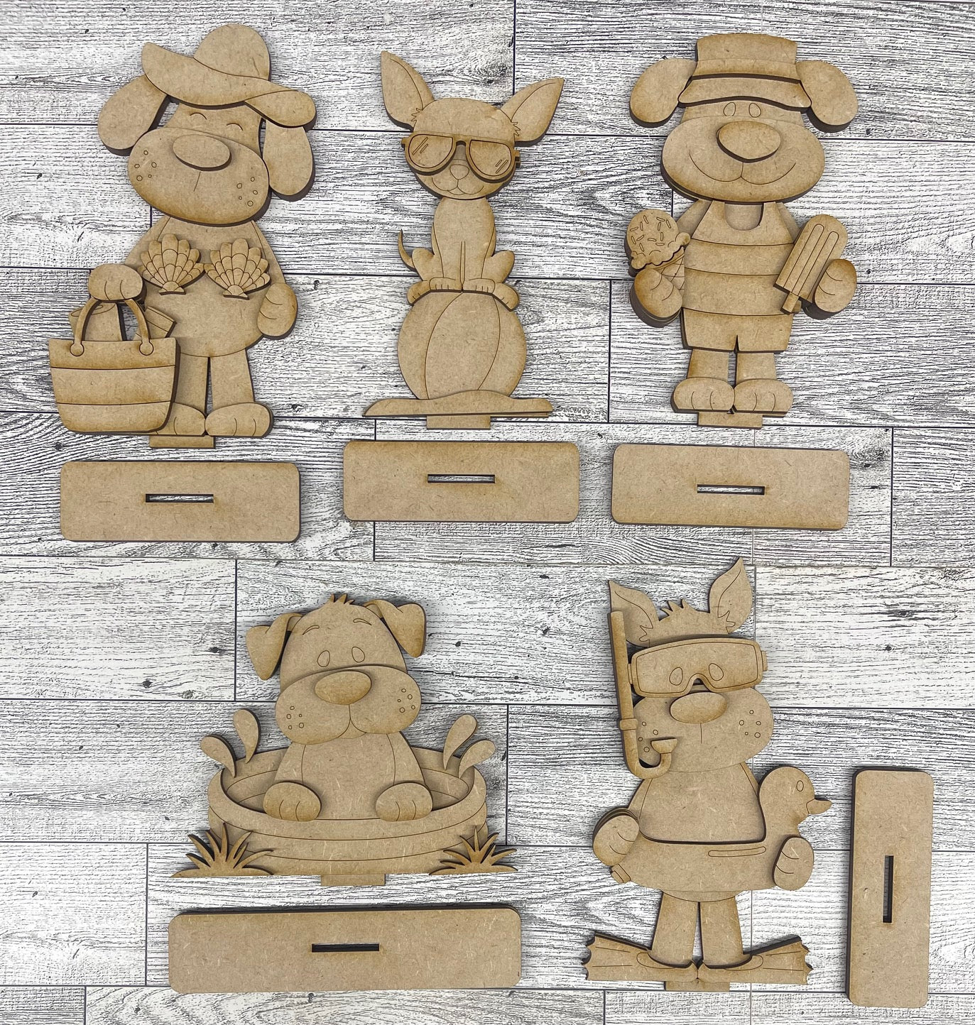 Dog Summer Standers set of 5 - unpainted wood cutouts, ready for you to paint