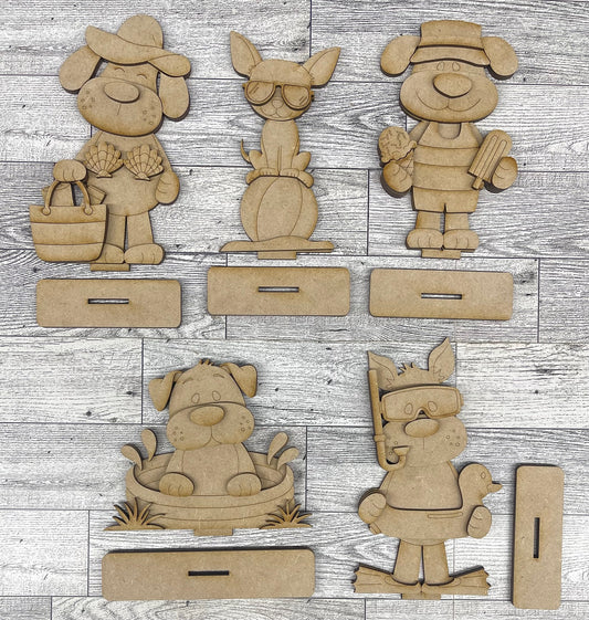 Dog Summer Standers set of 5 - unpainted wood cutouts, ready for you to paint