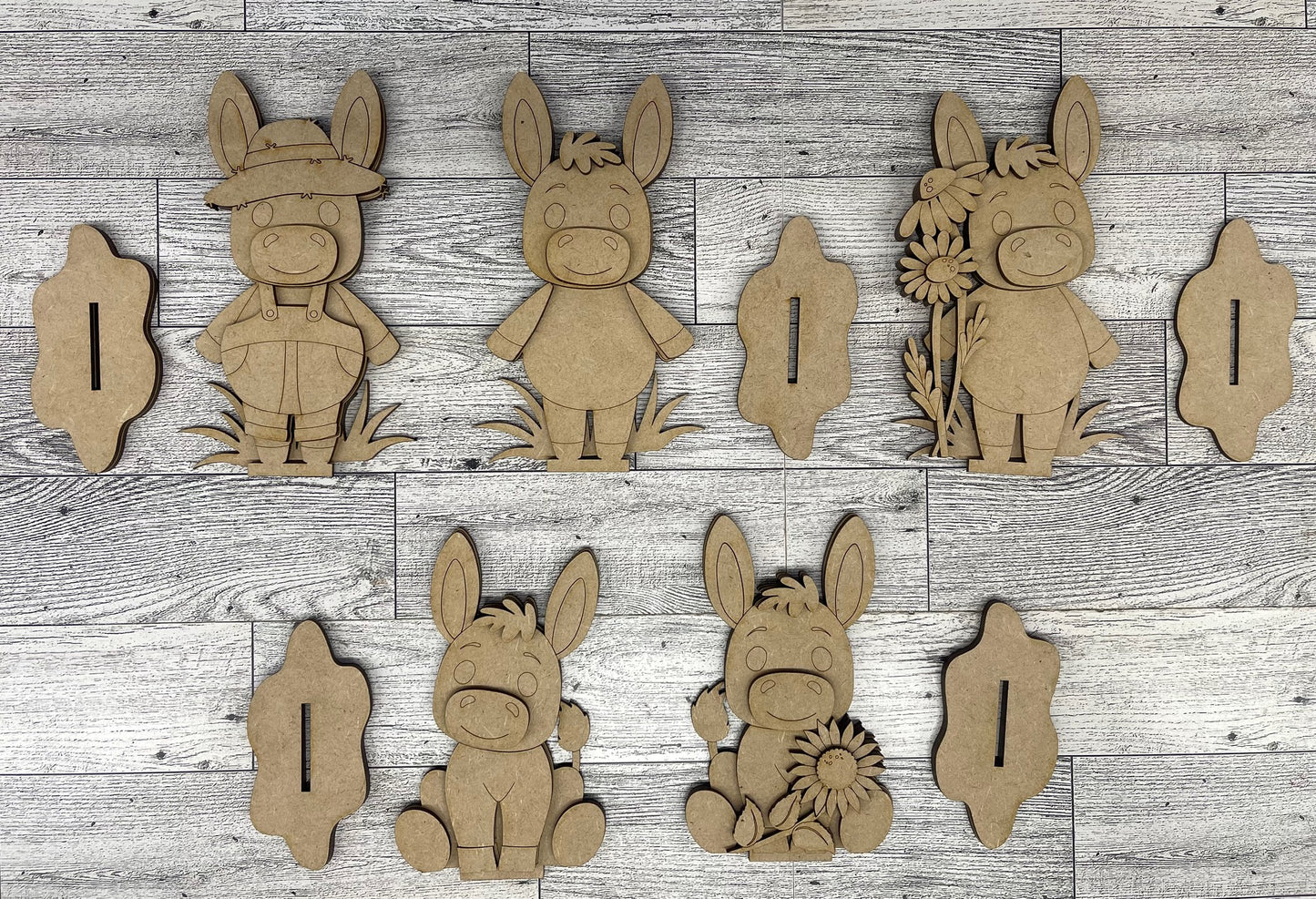 Donkey Standers set of 5 - unpainted wood cutouts, ready for you to paint