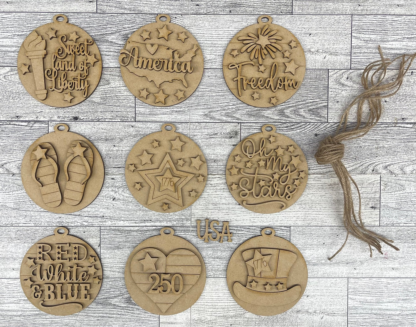 Patriotic themed Ornaments - set of 9 - unpainted ready for you to finish