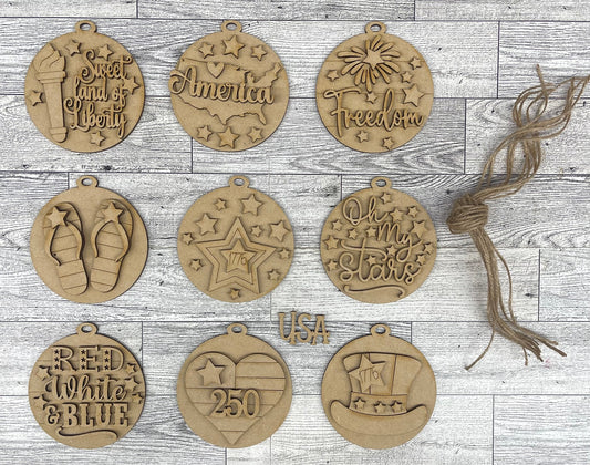 Patriotic themed Ornaments - set of 9 - unpainted ready for you to finish