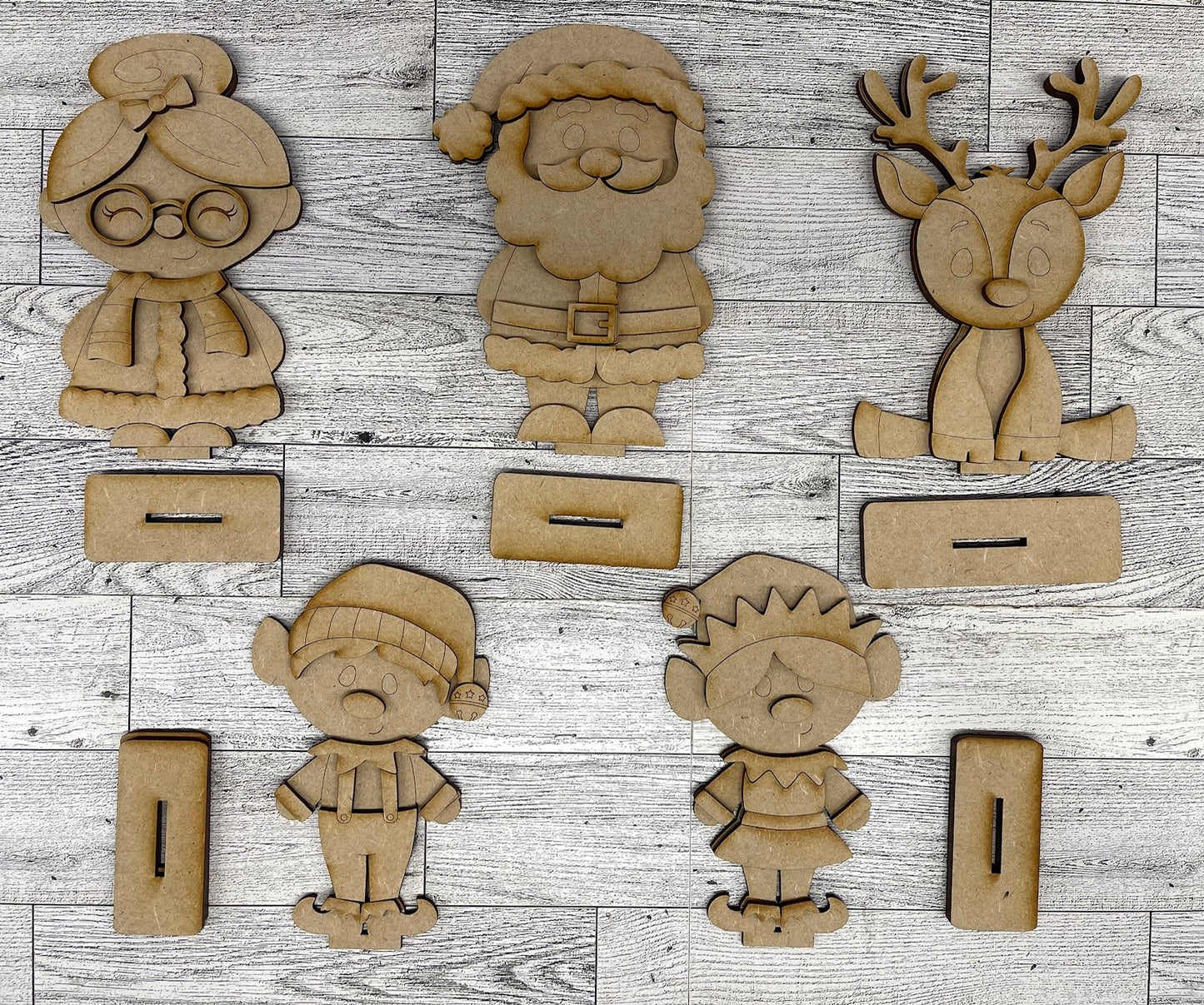 Santa, Mrs. Claus,2 Elves & Reindeer Standers - unpainted wooden cutouts, ready for you to paint