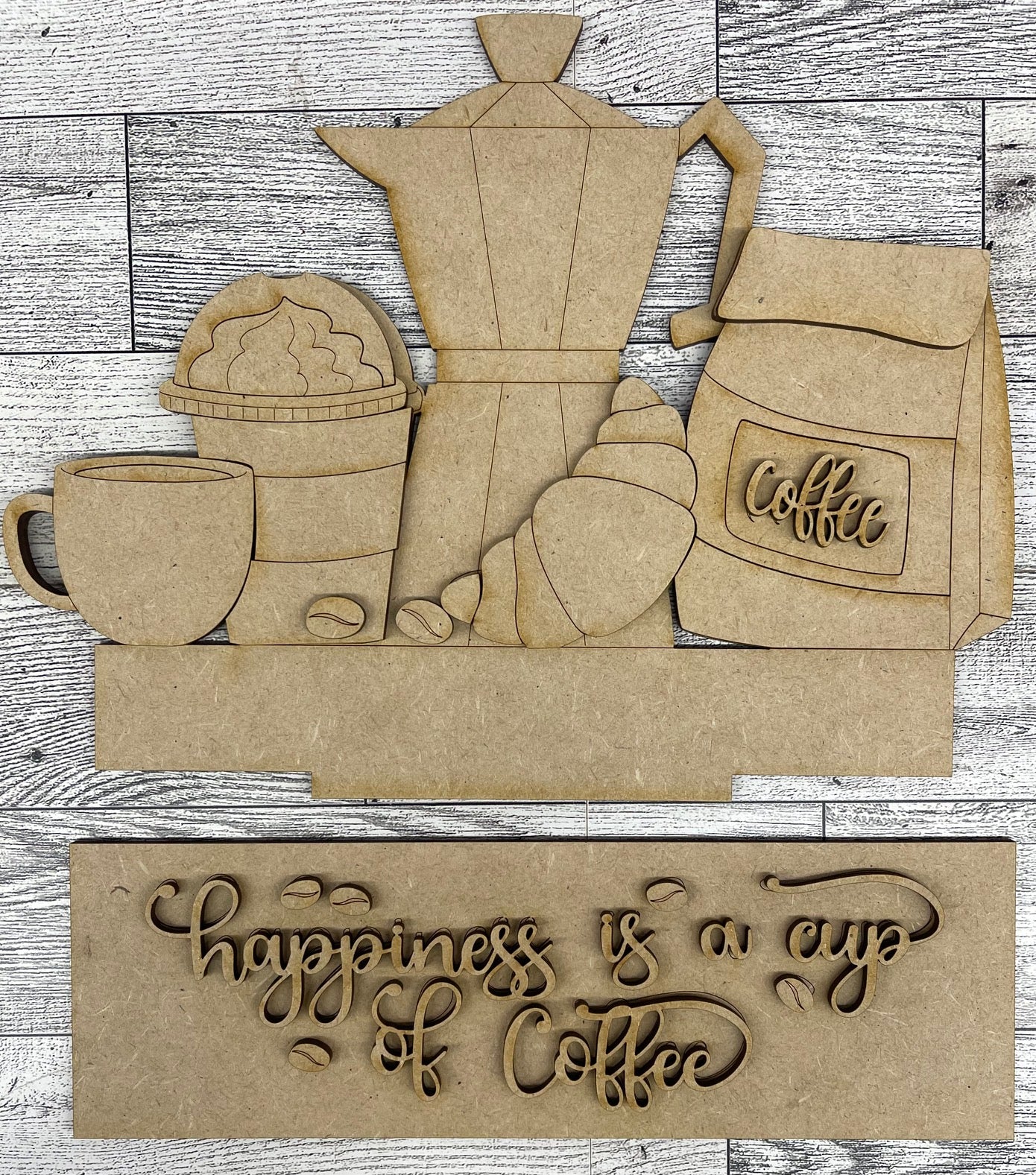 Coffee - Happiness is a cup of Coffee - Insert for Changeable Window Box unpainted wood cutouts, ready for you to paint